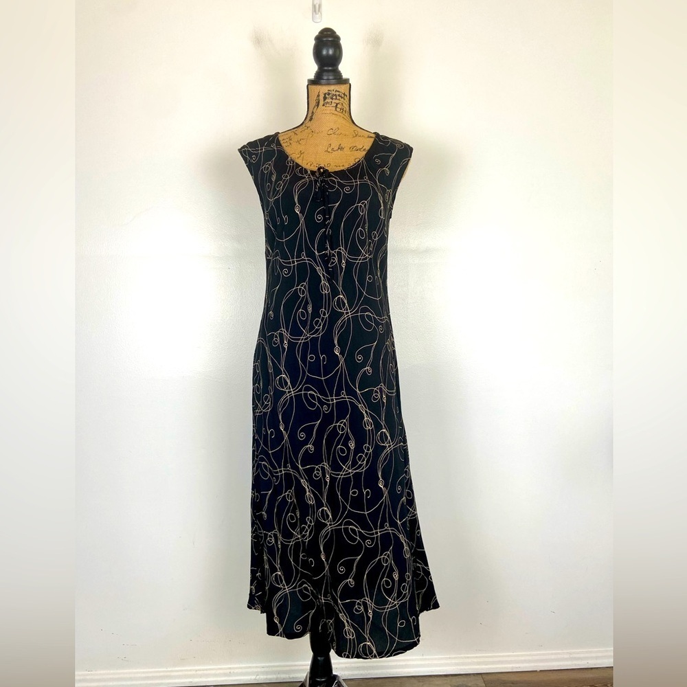 Expressions Y2K 90s Chiffon Midi Dress Size M Floral Black & Cream Semi Sheer